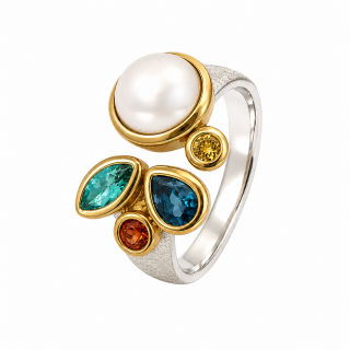 Ring with indigolite, pearl, sapphire and diamond, partly gold-plated (5µ)