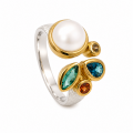 Ring Indigolith, Perle, Saphir, Diamant teilvergoldet...