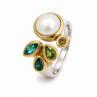 Ring with tourmaline, pearl and diamond, partly gold-plated (5µ)