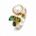 Ring Turmalin, Perle, Diamant teilvergoldet 5µ
