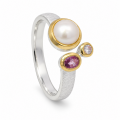 Ring with pearl, spinel, lab-grown diamond, partly gold-plated (5 µ)