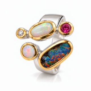 Ring with Precious Opal, Boulder Opal, Tourmaline, and Diamond; partly gold-plated (5µ)