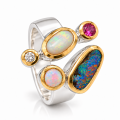 Ring Edelopal, Boulder Opal, Turmalin, Diamant teilvergoldet 5µ