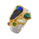 Ring Boulder Opal, White Opal, Tsavorite, Diamond