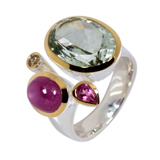Kombi Ring - Prasiolith, Sternrubin, Turmalin, Diamant - vergoldet 5&micro;