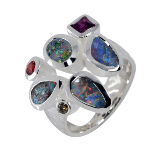 Kombi Ring Boulder Opal, Saphir, Rhodolith Granat, Diamant