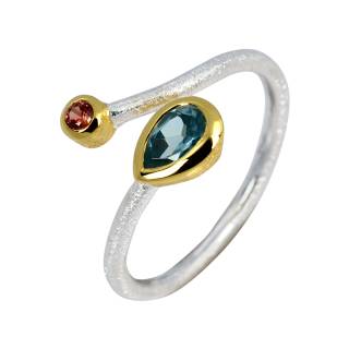 Kombi Ring Blauer  Zirkon, Roter Saphir vergoldet 5&micro; micron