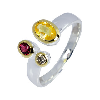 Kombi Ring Gelber Saphir, Roter Saphir, Diamant vergoldet 5&micro; micron