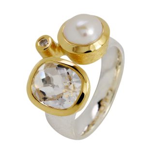 Ring Kombi Bergkristall, Perle, Diamant vergoldet 5&micro; micron