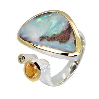 Ring Kombi Boulder Opal, Feueropal, Diamant vergoldet 5&micro;