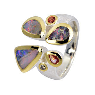 Ring Kombi Boulder Opal, Saphir, Diamant vergoldet 5&micro;