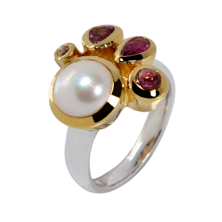 Kombi Ring Turmalin, Perle, Diamant teilvergoldet 5µ