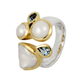 Kombi Ring Aquamarin, Perle, Barock Perle - teilvergoldet...