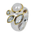 Kombi Ring Aquamarin, Perle, Diamant teilvergoldet 5µ