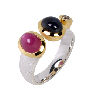 Ring Sternsaphir, Rubin, Diamant teilvergoldet 5µ
